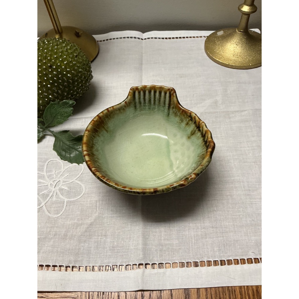 Vintage Shell Shaped Ceramic Bowl Celadon Green Sienna Brown Glaze Catchall